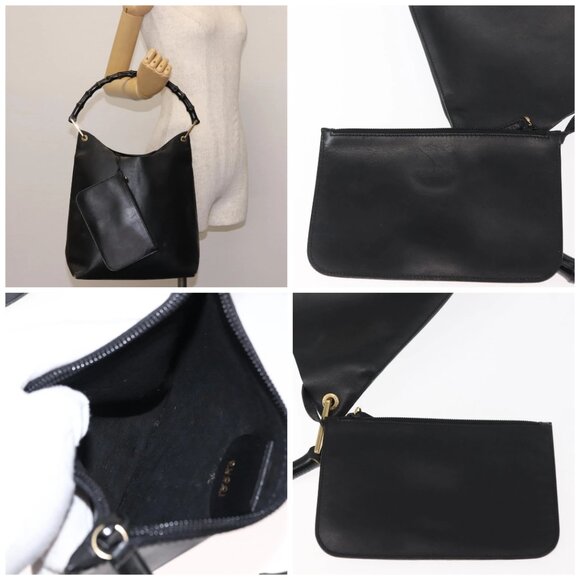 GUCCI Bamboo Shoulder Bag Leather Black Gold - Picture 15 of 15